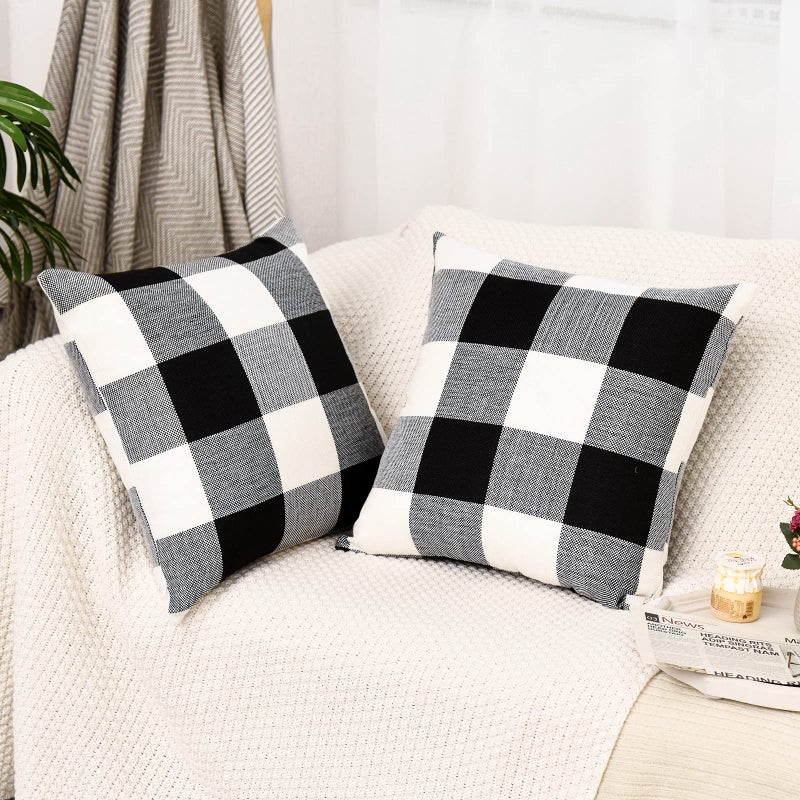 Tosewever Set of 2 Buffalo Check Plaid Pillow Covers  Farmhouse Rustic Pillow Cases  Cotton Linen Throw Pillow Covers Cushion Case for Home Decor Car Bed Sofa Couch (16"" x 16""  2 Pack Black & White) - Image 4